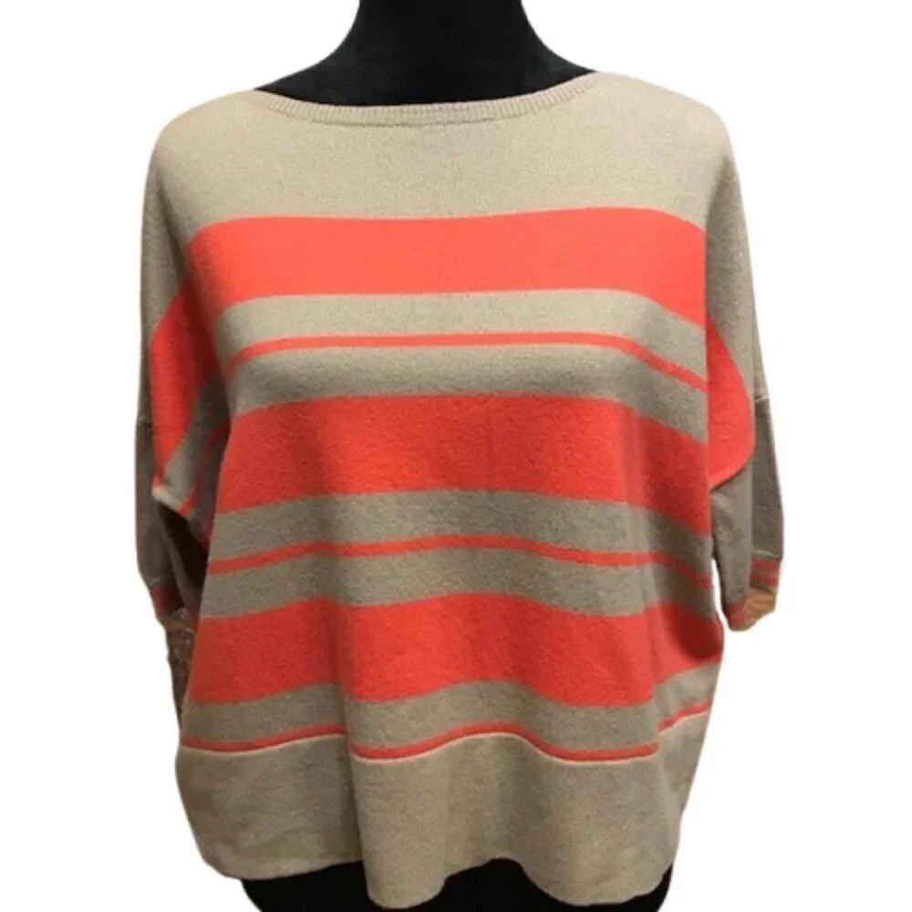 Autumn Cashmere Women's 100% Cashmere Striped 3/4 Sleeve Sweater Size XS